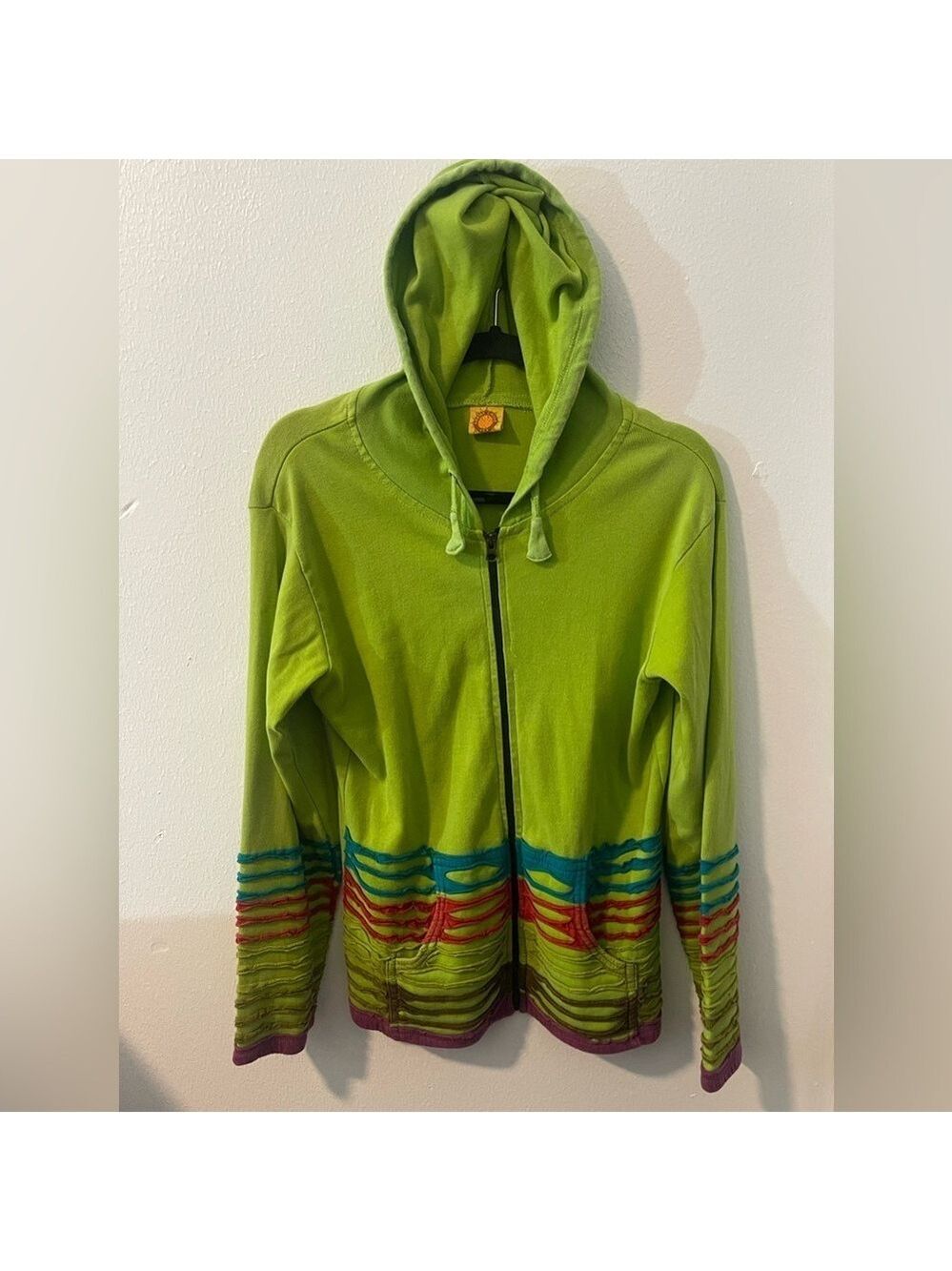 Karma Circle USA Boho Rainbow-Multicolor Lime Green Hoodie Long Sleeve Size M
